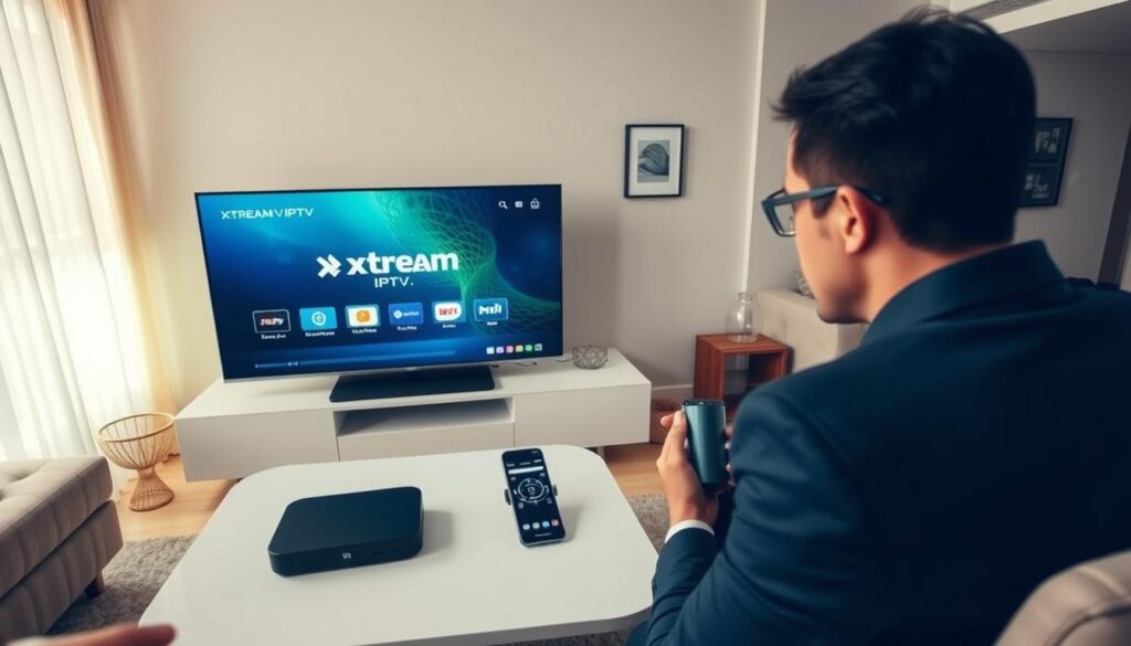 A bright and inviting living room scene showcasing a simple setup process for Xtream IPTV. In the foreground, a modern TV displays the Xtream IPTV interface, with an individual in professional business attire, engaged and focused as they connect the device. In the middle, a sleek, minimalist coffee table holds a remote control and a smartphone displaying the installation app. Soft ambient lighting fills the room, creating a warm, welcoming atmosphere. The background consists of neutral-toned walls adorned with subtle decor, highlighting a sense of comfort and ease. The camera angle captures this scene from a slight overhead view, emphasizing the effortless nature of the setup process for instant streaming enjoyment. A bright and inviting living room scene showcasing a simple setup process for Xtream IPTV. In the foreground, a modern TV displays the Xtream IPTV interface, with an individual in professional business attire, engaged and focused as they connect the device. In the middle, a sleek, minimalist coffee table holds a remote control and a smartphone displaying the installation app. Soft ambient lighting fills the room, creating a warm, welcoming atmosphere. The background consists of neutral-toned walls adorned with subtle decor, highlighting a sense of comfort and ease. The camera angle captures this scene from a slight overhead view, emphasizing the effortless nature of the setup process for instant streaming enjoyment.