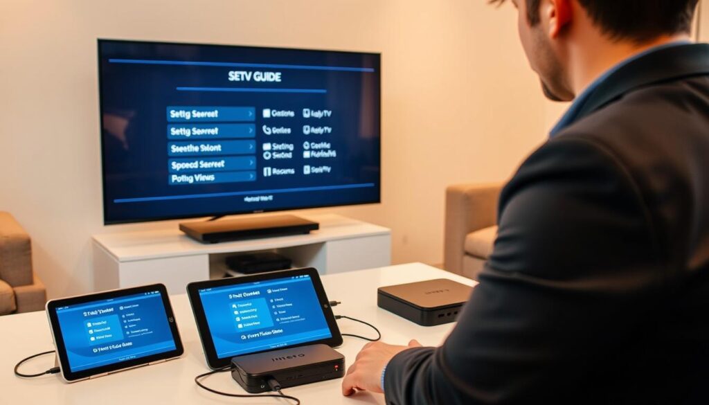 A clean and modern workspace featuring an IPTV setup guide displayed across several devices including a smart TV, tablet, smartphone, and streaming device. In the foreground, a person dressed in smart casual attire is demonstrating the setup process, focused and pointing at the screen of the smart TV. The middle layer shows the various devices neatly arranged on a desk, with visible connections and cables highlighting the setup process. The background includes a comfortable living room setting with soft, warm lighting that creates an inviting atmosphere. The angle of the shot emphasizes the devices while capturing the person's engagement with them. The overall mood is informative and encouraging, perfect for illustrating an easy setup guide for IPTV. A clean and modern workspace featuring an IPTV setup guide displayed across several devices including a smart TV, tablet, smartphone, and streaming device. In the foreground, a person dressed in smart casual attire is demonstrating the setup process, focused and pointing at the screen of the smart TV. The middle layer shows the various devices neatly arranged on a desk, with visible connections and cables highlighting the setup process. The background includes a comfortable living room setting with soft, warm lighting that creates an inviting atmosphere. The angle of the shot emphasizes the devices while capturing the person's engagement with them. The overall mood is informative and encouraging, perfect for illustrating an easy setup guide for IPTV.