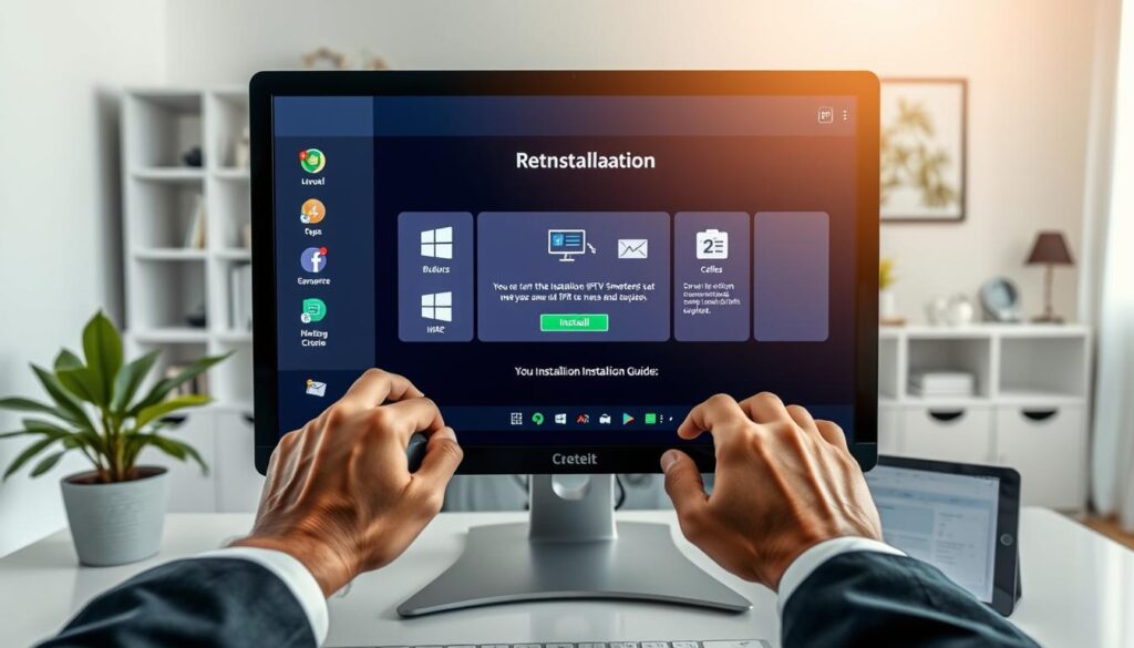 A clean and organized workspace featuring a computer screen displaying the IPTV Smarters application interface undergoing a reinstallation process. In the foreground, a pair of hands in professional business attire are using a mouse to click on the installation button. The middle layer shows icons and progress bars related to the reinstallation on the computer screen, with a digital installation guide visible on a tablet nearby. The background consists of a softly lit modern home office, with a potted plant and minimalistic decor enhancing the atmosphere of professionalism. Soft, natural lighting creates a welcoming mood, while the camera angle is slightly elevated, providing a comprehensive view of the workspace and the installation in progress. A clean and organized workspace featuring a computer screen displaying the IPTV Smarters application interface undergoing a reinstallation process. In the foreground, a pair of hands in professional business attire are using a mouse to click on the installation button. The middle layer shows icons and progress bars related to the reinstallation on the computer screen, with a digital installation guide visible on a tablet nearby. The background consists of a softly lit modern home office, with a potted plant and minimalistic decor enhancing the atmosphere of professionalism. Soft, natural lighting creates a welcoming mood, while the camera angle is slightly elevated, providing a comprehensive view of the workspace and the installation in progress.