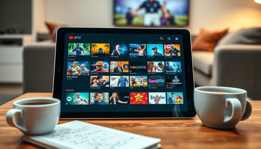 A close-up view of a digital tablet displaying an IPTV playlist interface, showcasing vibrant thumbnails of various channels featuring sports, movies, and news against a sleek, modern background. The tablet is positioned at a slight angle on a wooden table, accompanied by a cup of coffee and a notepad with writing. Soft, warm lighting highlights the tablet's screen, creating a cozy atmosphere. In the background, a comfortable living room setup is visible, featuring a stylish couch and a large television, enhancing the home streaming vibe. The overall mood is inviting and informative, reflecting a thoughtful approach to selecting IPTV options in Ireland. A close-up view of a digital tablet displaying an IPTV playlist interface, showcasing vibrant thumbnails of various channels featuring sports, movies, and news against a sleek, modern background. The tablet is positioned at a slight angle on a wooden table, accompanied by a cup of coffee and a notepad with writing. Soft, warm lighting highlights the tablet's screen, creating a cozy atmosphere. In the background, a comfortable living room setup is visible, featuring a stylish couch and a large television, enhancing the home streaming vibe. The overall mood is inviting and informative, reflecting a thoughtful approach to selecting IPTV options in Ireland.
