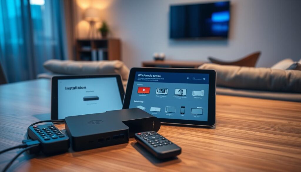 A close-up view of an IPTV service setup guide laid out on a modern wooden table. In the foreground, a sleek black set-top box with visible ports and cables, alongside a prominent remote control. The middle layer features an open tablet displaying user-friendly installation steps with images of supported devices like smart TVs, laptops, and smartphones. The background includes a softly lit living room setting with a comfortable sofa and a flat-screen TV mounted on the wall, emphasizing a cozy viewing atmosphere. The lighting is warm and inviting, creating an approachable mood. Capture the scene from a slightly elevated angle to provide a clear overview of the guide and devices, ensuring a professional, informative feel. A close-up view of an IPTV service setup guide laid out on a modern wooden table. In the foreground, a sleek black set-top box with visible ports and cables, alongside a prominent remote control. The middle layer features an open tablet displaying user-friendly installation steps with images of supported devices like smart TVs, laptops, and smartphones. The background includes a softly lit living room setting with a comfortable sofa and a flat-screen TV mounted on the wall, emphasizing a cozy viewing atmosphere. The lighting is warm and inviting, creating an approachable mood. Capture the scene from a slightly elevated angle to provide a clear overview of the guide and devices, ensuring a professional, informative feel.