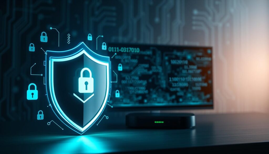 A composed image representing the security and privacy of IPTV services in a modern setting. In the foreground, a sleek, futuristic shield symbol, glowing with blue and green light, conveys protection. Surrounding the shield, symbols of digital privacy, such as locks and encrypted data streams, are subtly integrated. In the middle ground, a versatile device such as a smart TV or streaming box is shown, displaying a pixelated screen, emphasizing IPTV content. The background features a dark, tech-inspired ambiance with faint circuit patterns and binary code flowing. The scene is lit with soft, ambient lighting to create a serious yet hopeful mood, suggesting security and confidence in digital services. No human subjects are included, focusing entirely on the digital elements that represent IPTV services.