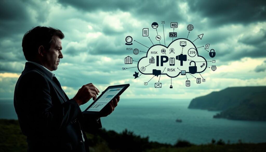 A conceptual illustration depicting the risks of IPTV services in Ireland. In the foreground, a concerned person in business attire is analyzing complex graphs and statistics on a tablet, symbolizing security concerns. The middle ground features a cloud filled with icons representing risks such as hacking, unauthorized access, and data privacy, interconnected by lines. In the background, a stylized silhouette of Ireland’s coastline under a cloudy sky evokes a sense of unease and uncertainty. The lighting is dramatic, with shadows cast to enhance the mood of caution. Use a wide-angle lens effect to create depth, ensuring the overall atmosphere conveys the serious implications associated with IPTV services. A conceptual illustration depicting the risks of IPTV services in Ireland. In the foreground, a concerned person in business attire is analyzing complex graphs and statistics on a tablet, symbolizing security concerns. The middle ground features a cloud filled with icons representing risks such as hacking, unauthorized access, and data privacy, interconnected by lines. In the background, a stylized silhouette of Ireland’s coastline under a cloudy sky evokes a sense of unease and uncertainty. The lighting is dramatic, with shadows cast to enhance the mood of caution. Use a wide-angle lens effect to create depth, ensuring the overall atmosphere conveys the serious implications associated with IPTV services.