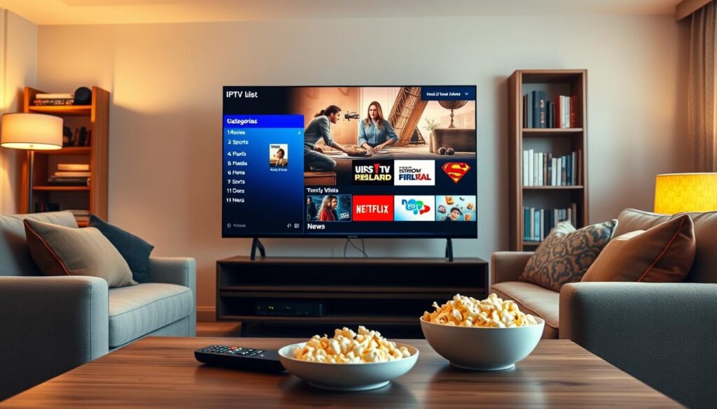 A cozy home entertainment setup featuring a large smart TV displaying an IPTV playlist interface on the screen, highlighting various categories like Movies, Sports, and News. In the foreground, a stylish coffee table hosts a remote control and a bowl of popcorn, inviting a relaxed atmosphere. In the middle, a comfortable sofa upholstered in soft fabric is seen, with decorative cushions that provide a touch of color. The background features a warm ambiance, including softly lit lamps and a bookshelf adorned with films and books, emphasizing a modern home feel. The lighting is gently diffused to create a welcoming mood, shot from a slightly elevated angle to capture both the TV screen and the inviting living space. The image should be bright and engaging without any text or logos. A cozy home entertainment setup featuring a large smart TV displaying an IPTV playlist interface on the screen, highlighting various categories like Movies, Sports, and News. In the foreground, a stylish coffee table hosts a remote control and a bowl of popcorn, inviting a relaxed atmosphere. In the middle, a comfortable sofa upholstered in soft fabric is seen, with decorative cushions that provide a touch of color. The background features a warm ambiance, including softly lit lamps and a bookshelf adorned with films and books, emphasizing a modern home feel. The lighting is gently diffused to create a welcoming mood, shot from a slightly elevated angle to capture both the TV screen and the inviting living space. The image should be bright and engaging without any text or logos.