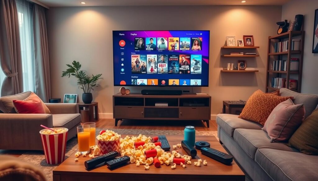 A cozy, inviting living room scene featuring a large, modern television displaying a vibrant interface of a streaming service with a diverse library of movies and series. In the foreground, a stylish coffee table is cluttered with remote controls, popcorn, and drinks, suggesting a family movie night atmosphere. In the middle ground, a plush sofa with colorful cushions faces the TV, while a wall-mounted shelf displays DVDs and collectibles. The background reveals soft, ambient lighting that enhances the warm and inviting mood, with curtains partially drawn to let in gentle natural light. Use a wide-angle lens to capture the entire room, focusing on creating a welcoming and entertaining vibe without any people present in the scene. A cozy, inviting living room scene featuring a large, modern television displaying a vibrant interface of a streaming service with a diverse library of movies and series. In the foreground, a stylish coffee table is cluttered with remote controls, popcorn, and drinks, suggesting a family movie night atmosphere. In the middle ground, a plush sofa with colorful cushions faces the TV, while a wall-mounted shelf displays DVDs and collectibles. The background reveals soft, ambient lighting that enhances the warm and inviting mood, with curtains partially drawn to let in gentle natural light. Use a wide-angle lens to capture the entire room, focusing on creating a welcoming and entertaining vibe without any people present in the scene.