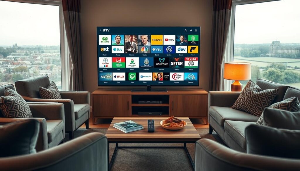 A cozy living room in Dublin, showcasing an array of IPTV channels. In the foreground, a stylish TV unit displays a modern flat-screen TV streaming diverse Irish channels, including sports, news, and entertainment. On either side, comfortable armchairs and a plush sofa invite viewers to relax. The middle of the room features a warm, inviting coffee table adorned with a remote control and snacks. The background includes large windows with views of a rainy Irish landscape, creating a nostalgic atmosphere. Soft, ambient lighting enhances the cozy feel, casting gentle shadows. Capture a wide-angle shot, emphasizing the overall setup in a homely environment, evoking a sense of belonging and community in Ireland. A cozy living room in Dublin, showcasing an array of IPTV channels. In the foreground, a stylish TV unit displays a modern flat-screen TV streaming diverse Irish channels, including sports, news, and entertainment. On either side, comfortable armchairs and a plush sofa invite viewers to relax. The middle of the room features a warm, inviting coffee table adorned with a remote control and snacks. The background includes large windows with views of a rainy Irish landscape, creating a nostalgic atmosphere. Soft, ambient lighting enhances the cozy feel, casting gentle shadows. Capture a wide-angle shot, emphasizing the overall setup in a homely environment, evoking a sense of belonging and community in Ireland.
