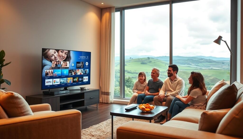 A cozy living room scene depicting the benefits of IPTV for Irish customers. In the foreground, a stylish living room with a comfortable sofa and a sleek television screen displaying colorful streaming content. A cheerful family, dressed in neat casual clothes, is happily watching TV together, enjoying the diverse programming options available. In the middle ground, introduce a coffee table with snacks and a remote control, symbolizing convenience. The background features a large window with a view of rolling green hills and a cloudy Irish sky, adding a tranquil atmosphere. Soft, warm lighting creates an inviting mood, reminiscent of a cozy evening at home. The composition should evoke a sense of family togetherness and modern entertainment. A cozy living room scene depicting the benefits of IPTV for Irish customers. In the foreground, a stylish living room with a comfortable sofa and a sleek television screen displaying colorful streaming content. A cheerful family, dressed in neat casual clothes, is happily watching TV together, enjoying the diverse programming options available. In the middle ground, introduce a coffee table with snacks and a remote control, symbolizing convenience. The background features a large window with a view of rolling green hills and a cloudy Irish sky, adding a tranquil atmosphere. Soft, warm lighting creates an inviting mood, reminiscent of a cozy evening at home. The composition should evoke a sense of family togetherness and modern entertainment.