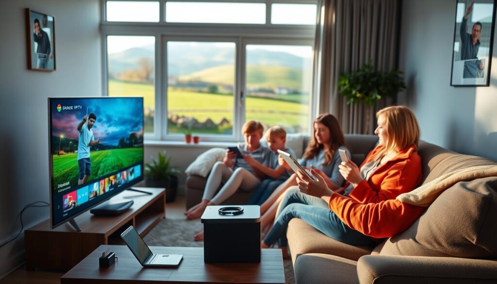 A cozy living room scene featuring a diverse group of Irish IPTV viewers engaging with various devices. In the foreground, a sleek smart TV displays vibrant streaming content, surrounded by a couple of neatly organized tablets and smartphones. The middle ground showcases a comfortable sofa with family members of different ages—a young child with a tablet, a teenager with a smartphone, and an adult using a laptop—all dressed in smart-casual attire. In the background, a window offers a view of a typical Irish landscape with rolling hills, enhanced by soft, natural daylight filtering in. The atmosphere is warm and inviting, promoting a sense of connection and enjoyment in media consumption. Soft shadows and a slightly blurred depth effect emphasize the devices and people in focus, creating a homey yet modern vibe. A cozy living room scene featuring a diverse group of Irish IPTV viewers engaging with various devices. In the foreground, a sleek smart TV displays vibrant streaming content, surrounded by a couple of neatly organized tablets and smartphones. The middle ground showcases a comfortable sofa with family members of different ages—a young child with a tablet, a teenager with a smartphone, and an adult using a laptop—all dressed in smart-casual attire. In the background, a window offers a view of a typical Irish landscape with rolling hills, enhanced by soft, natural daylight filtering in. The atmosphere is warm and inviting, promoting a sense of connection and enjoyment in media consumption. Soft shadows and a slightly blurred depth effect emphasize the devices and people in focus, creating a homey yet modern vibe.