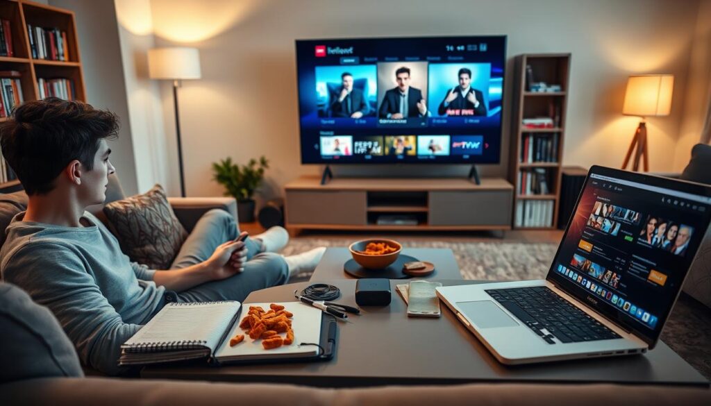 A cozy living room scene focused on a person sitting comfortably on a modern couch, intently watching a large TV screen displaying streaming content. The foreground features the individual, a young adult dressed in casual but tidy attire, holding a remote control. In the middle, a sleek coffee table cluttered with snacks, a notebook with handwritten notes, and a laptop displaying IPTV reviews. The background shows warm lighting from a floor lamp, creating a relaxed atmosphere, with bookshelves filled with DVDs and tech magazines. The overall mood is inviting and engaging, reflecting the personal experience and reviews surrounding IPTV subscriptions in a safe, clean environment. Soft shadows enhance depth, simulating a late afternoon ambiance.