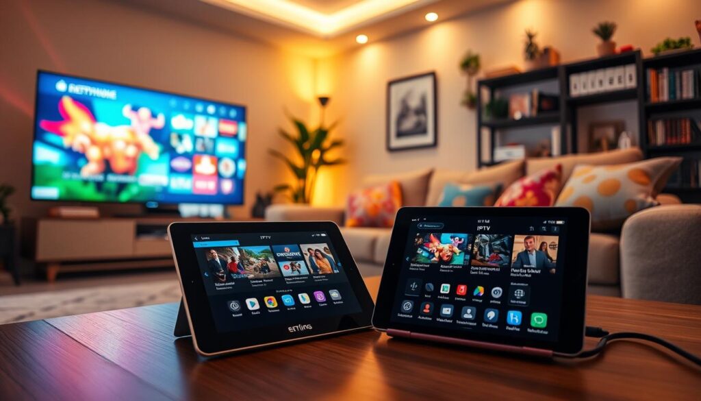 A cozy living room scene showcasing a variety of devices used for IPTV streaming. In the foreground, a sleek smart TV displays vibrant IPTV content, while a modern tablet and smartphone lie on a stylish coffee table, each showcasing the IPTV interface. In the middle layer, a plush sofa with colorful cushions invites viewers to sit and enjoy their favorite shows. The background features a warm, softly lit ambient space with decorative elements like potted plants and a bookshelf filled with entertainment-related books. The lighting is warm, creating a welcoming atmosphere, with a slight lens flare reflecting off the TV screen. The image should convey a sense of comfort and technological accessibility, emphasizing that viewers can enjoy IPTV on various devices seamlessly. A cozy living room scene showcasing a variety of devices used for IPTV streaming. In the foreground, a sleek smart TV displays vibrant IPTV content, while a modern tablet and smartphone lie on a stylish coffee table, each showcasing the IPTV interface. In the middle layer, a plush sofa with colorful cushions invites viewers to sit and enjoy their favorite shows. The background features a warm, softly lit ambient space with decorative elements like potted plants and a bookshelf filled with entertainment-related books. The lighting is warm, creating a welcoming atmosphere, with a slight lens flare reflecting off the TV screen. The image should convey a sense of comfort and technological accessibility, emphasizing that viewers can enjoy IPTV on various devices seamlessly.