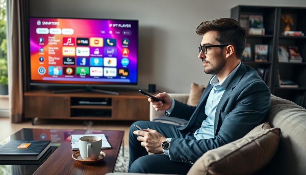 A cozy living room setting featuring a modern TV displaying the Smarters IPTV Player interface with a vibrant array of channels and options on screen. In the foreground, a young professional man in a smart-casual outfit sits comfortably on a plush sofa, using a sleek remote control, looking intrigued and engaged. A coffee table holds a steaming cup of coffee and a notepad with notes about his experience. The middle ground captures a bookshelf filled with tech magazines and guides on IPTV technology. In the background, soft lighting creates a warm atmosphere, complemented by a window showing a hint of a nice green garden outside. The overall mood is one of curiosity, enjoyment, and modern technology exploration.