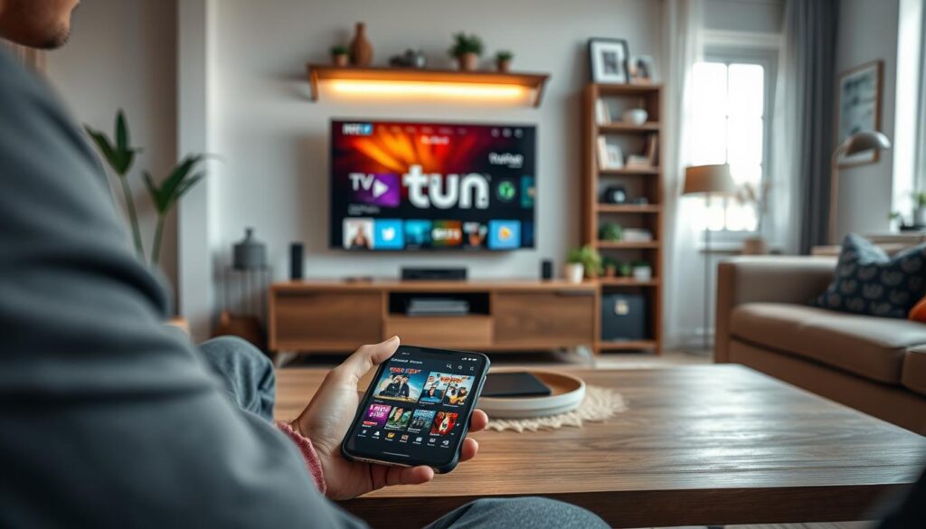 A cozy living room setting, featuring a modern coffee table with a smartphone displaying the IPTV Smarters app interface on the screen. In the foreground, a person in comfortable yet stylish casual attire is focused on navigating through the app, showcasing vibrant thumbnails of TV shows and movies. The middle layer features a large flat-screen TV with soft, warm lighting providing a welcoming atmosphere; it hints at the excitement of streaming content. The background shows a neatly arranged bookshelf, decorated with plants and framed photos, contributing to a homey feel. The entire scene is bathed in natural light from a nearby window, creating a relaxed and engaging mood, emphasizing the everyday enjoyment of using the IPTV Smarters app. A cozy living room setting, featuring a modern coffee table with a smartphone displaying the IPTV Smarters app interface on the screen. In the foreground, a person in comfortable yet stylish casual attire is focused on navigating through the app, showcasing vibrant thumbnails of TV shows and movies. The middle layer features a large flat-screen TV with soft, warm lighting providing a welcoming atmosphere; it hints at the excitement of streaming content. The background shows a neatly arranged bookshelf, decorated with plants and framed photos, contributing to a homey feel. The entire scene is bathed in natural light from a nearby window, creating a relaxed and engaging mood, emphasizing the everyday enjoyment of using the IPTV Smarters app.