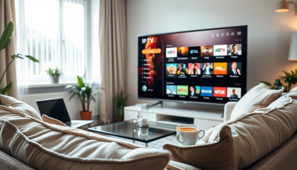 A cozy living room setting in Ireland, showcasing a stylish smart TV displaying an IPTV playlist interface, featuring icons of various channels and content categories. In the foreground, a comfortable sofa adorned with soft cushions invites relaxation, while a coffee table beside it holds a laptop and a steaming cup of tea. Natural light pours in through a window in the background, illuminating the room with a warm, inviting ambiance. Subtle green elements, like indoor plants, add a touch of Ireland's lush landscape. The mood is casual and laid-back, perfect for enjoying streaming entertainment. The perspective is slightly angled from the corner of the room, creating depth and focus on the TV and playlist interface without any text or distractions. A cozy living room setting in Ireland, showcasing a stylish smart TV displaying an IPTV playlist interface, featuring icons of various channels and content categories. In the foreground, a comfortable sofa adorned with soft cushions invites relaxation, while a coffee table beside it holds a laptop and a steaming cup of tea. Natural light pours in through a window in the background, illuminating the room with a warm, inviting ambiance. Subtle green elements, like indoor plants, add a touch of Ireland's lush landscape. The mood is casual and laid-back, perfect for enjoying streaming entertainment. The perspective is slightly angled from the corner of the room, creating depth and focus on the TV and playlist interface without any text or distractions.