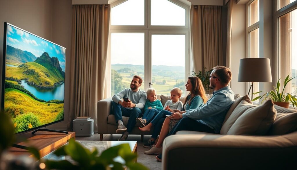 A cozy living room setting, showcasing an Irish family watching live television on a sleek, modern screen. The foreground features a high-definition TV displaying vibrant Irish landscapes in crystal-clear quality, symbolizing superior streaming performance. In the middle ground, a family of four - a father, mother, and two children - are comfortably seated on a stylish sofa, dressed in casual but neat clothes, absorbed in their viewing experience. Soft, warm lighting creates an inviting atmosphere, enhancing the sense of relaxation and enjoyment. In the background, sunlight filters through large windows, illuminating the room softly, with subtle hints of green plants, echoing the lush Irish countryside. Capture a sense of seamless viewing and technological excellence, emphasizing the comfort and joy of uninterrupted streaming. A cozy living room setting, showcasing an Irish family watching live television on a sleek, modern screen. The foreground features a high-definition TV displaying vibrant Irish landscapes in crystal-clear quality, symbolizing superior streaming performance. In the middle ground, a family of four - a father, mother, and two children - are comfortably seated on a stylish sofa, dressed in casual but neat clothes, absorbed in their viewing experience. Soft, warm lighting creates an inviting atmosphere, enhancing the sense of relaxation and enjoyment. In the background, sunlight filters through large windows, illuminating the room softly, with subtle hints of green plants, echoing the lush Irish countryside. Capture a sense of seamless viewing and technological excellence, emphasizing the comfort and joy of uninterrupted streaming.
