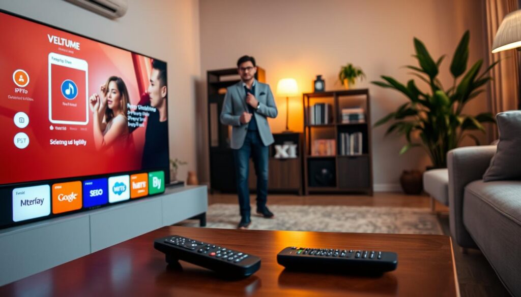 A cozy living room setting showcasing the setup experience of the IPTV Pro app. In the foreground, a sleek modern television displays the IPTV Pro interface, with bright icons and a welcoming color palette. A remote control lies casually on a stylish coffee table, accentuating a tech-savvy yet relaxed atmosphere. In the middle ground, a person in smart casual attire is thoughtfully navigating the app, illuminated by soft, warm lighting that enhances the inviting mood. The background features a chic bookshelf and houseplants, contributing to a homey environment. The camera captures the scene from a slightly elevated angle, providing a clear view of the interaction with the app, while maintaining a clear focus on the TV screen.