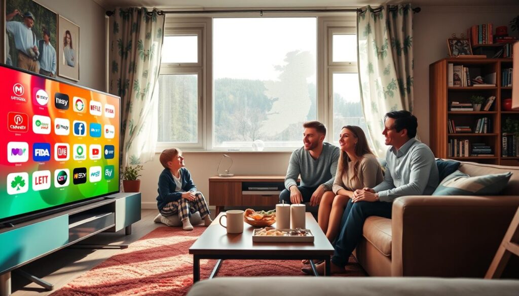 A cozy living room setting that highlights the concept of IPTV service in Ireland, featuring a stylish TV displaying a vibrant array of channel options, including Irish, UK, and international logos. In the foreground, a family of four, dressed in modest casual clothing, is happily interacting with a streaming device. The middle ground showcases a coffee table with snacks and drinks, creating an inviting atmosphere. Soft, natural light filters through large windows adorned with Irish-themed curtains, casting gentle shadows in the room. The background includes a bookshelf filled with media-related items and a map of Ireland, emphasizing the local content available through the IPTV service. The overall mood is warm and welcoming, perfect for illustrating family time with diverse viewing options. A cozy living room setting that highlights the concept of IPTV service in Ireland, featuring a stylish TV displaying a vibrant array of channel options, including Irish, UK, and international logos. In the foreground, a family of four, dressed in modest casual clothing, is happily interacting with a streaming device. The middle ground showcases a coffee table with snacks and drinks, creating an inviting atmosphere. Soft, natural light filters through large windows adorned with Irish-themed curtains, casting gentle shadows in the room. The background includes a bookshelf filled with media-related items and a map of Ireland, emphasizing the local content available through the IPTV service. The overall mood is warm and welcoming, perfect for illustrating family time with diverse viewing options.