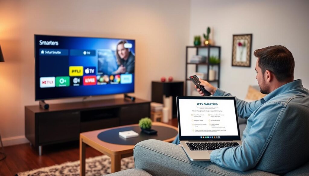 A cozy living room setup showcasing the IPTV Smarters setup process. In the foreground, a sleek smart TV with the IPTV Smarters interface displayed on the screen, featuring app icons and a colorful menu layout. A user, dressed in professional casual attire, sits comfortably on a sofa, holding a remote control with a focused expression as they navigate the installation steps. In the middle ground, a small coffee table with a laptop open, showing a setup guide and helpful tips. The background features a well-lit room with soft, warm lighting and a decorative shelf with books and plants, creating an inviting atmosphere. The overall mood is productive and engaging, emphasizing the ease and comfort of setting up IPTV Smarters. A cozy living room setup showcasing the IPTV Smarters setup process. In the foreground, a sleek smart TV with the IPTV Smarters interface displayed on the screen, featuring app icons and a colorful menu layout. A user, dressed in professional casual attire, sits comfortably on a sofa, holding a remote control with a focused expression as they navigate the installation steps. In the middle ground, a small coffee table with a laptop open, showing a setup guide and helpful tips. The background features a well-lit room with soft, warm lighting and a decorative shelf with books and plants, creating an inviting atmosphere. The overall mood is productive and engaging, emphasizing the ease and comfort of setting up IPTV Smarters.