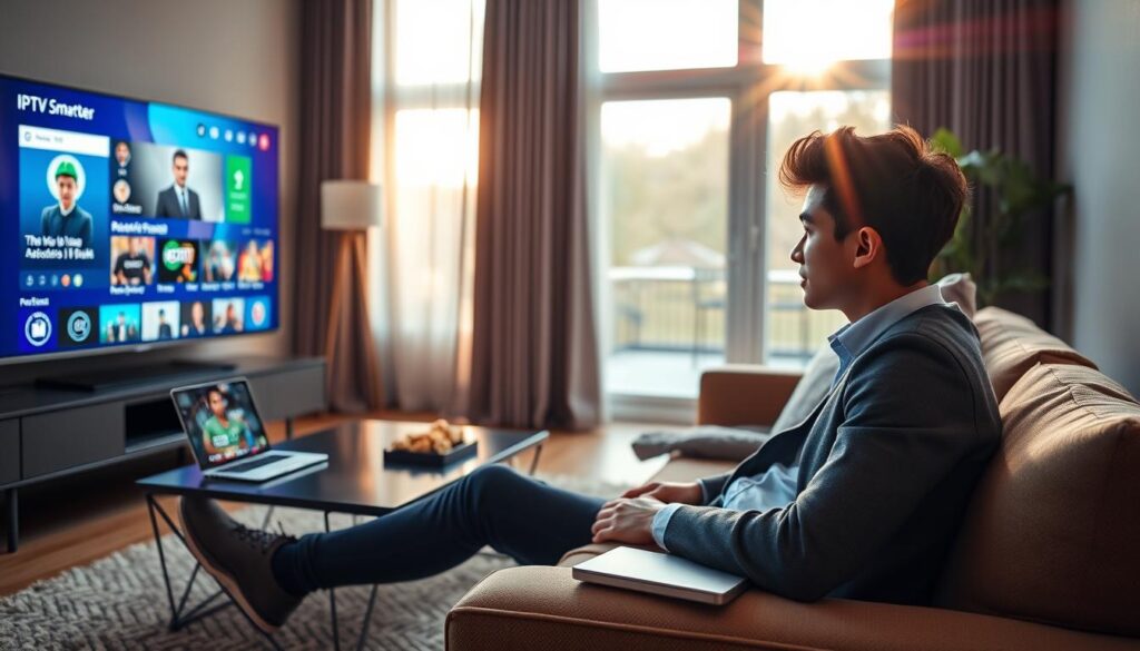 A cozy, modern living room setting featuring a sleek TV displaying the IPTV Smarter Player interface, emphasizing Irish streaming content with vibrant colors and clear graphics. In the foreground, a professional young adult dressed in smart casual attire is sitting comfortably on a plush sofa, holding a remote and watching with intent focus. The middle ground highlights a stylish coffee table with snacks and a laptop displaying additional streaming options. The background showcases a large window with soft, natural light illuminating the space, creating a warm and inviting atmosphere. The overall mood is relaxed, showcasing the immersive experience of high-performance streaming quality in a contemporary home. Soft focus effects add depth, while a subtle lens flare enhances the dynamic visuals.