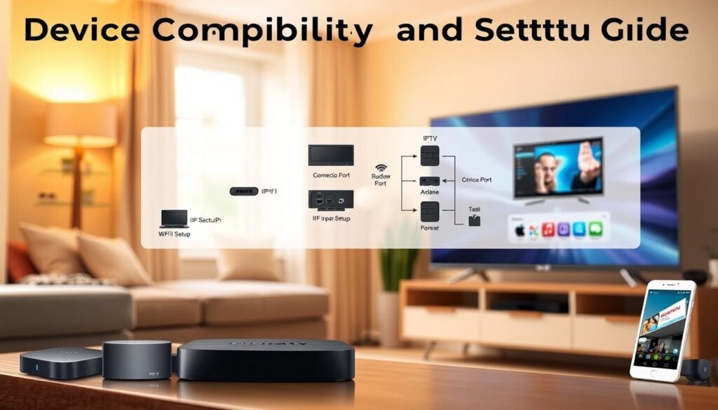A detailed and informative illustration depicting a "Device Compatibility and Setup Guide for IPTV Ireland." In the foreground, a sleek modern television is prominently displayed, with various compatible devices such as a streaming box, tablet, and smartphone beside it. The middle layer features a well-organized setup diagram, detailing connection ports, Wi-Fi setup, and the IPTV interface displayed on the TV screen. In the background, a cozy living room setting with soft lighting creates a warm and inviting atmosphere. Natural light filters through a window, adding a homey feel, while a subtle bokeh effect enhances the focus on the devices. The overall mood is professional yet approachable, suitable for a tech-savvy audience. A detailed and informative illustration depicting a "Device Compatibility and Setup Guide for IPTV Ireland." In the foreground, a sleek modern television is prominently displayed, with various compatible devices such as a streaming box, tablet, and smartphone beside it. The middle layer features a well-organized setup diagram, detailing connection ports, Wi-Fi setup, and the IPTV interface displayed on the TV screen. In the background, a cozy living room setting with soft lighting creates a warm and inviting atmosphere. Natural light filters through a window, adding a homey feel, while a subtle bokeh effect enhances the focus on the devices. The overall mood is professional yet approachable, suitable for a tech-savvy audience.
