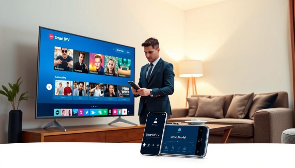 A detailed and informative illustration of a "Smart IPTV Setup Guide." The foreground features a sleek TV screen displaying a Smart IPTV interface, showcasing colorful streaming thumbnails and navigation menus. In the middle layer, a person in professional business attire, focused intently on connecting devices, stands beside the TV. They are holding a remote control, with a smartphone on a table nearby showing a setup tutorial. The background is a cozy living room with soft lighting, including a lamp casting a warm glow, and a couch with decorative pillows. The atmosphere is inviting and technologically savvy, emphasizing a seamless home streaming experience. The angle captures the interaction between the individual and the technology, highlighting ease of use and accessibility. A detailed and informative illustration of a "Smart IPTV Setup Guide." The foreground features a sleek TV screen displaying a Smart IPTV interface, showcasing colorful streaming thumbnails and navigation menus. In the middle layer, a person in professional business attire, focused intently on connecting devices, stands beside the TV. They are holding a remote control, with a smartphone on a table nearby showing a setup tutorial. The background is a cozy living room with soft lighting, including a lamp casting a warm glow, and a couch with decorative pillows. The atmosphere is inviting and technologically savvy, emphasizing a seamless home streaming experience. The angle captures the interaction between the individual and the technology, highlighting ease of use and accessibility.