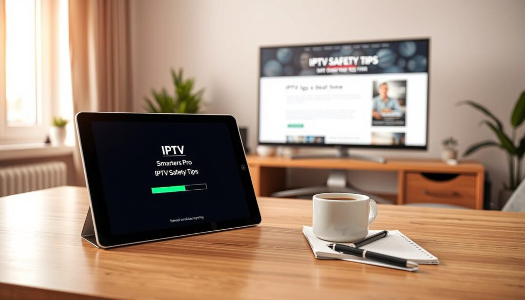 A detailed depiction of the IPTV Smarters Pro app installation process on a modern tablet placed on a sleek, wooden desk. In the foreground, the tablet screen displays the IPTV Smarters Pro logo with a loading bar, showcasing the installation interface. Beside the tablet, there is a cup of coffee and a notepad with a pen, adding a cozy work atmosphere. The middle ground features a softly lit room with an elegant home office setup, including a stylish computer monitor displaying a webpage about IPTV safety tips. The background has a window with soft natural light streaming in, illuminating the space. The mood is focused and productive, encouraging safe downloading practices in a bright, inviting environment. A detailed depiction of the IPTV Smarters Pro app installation process on a modern tablet placed on a sleek, wooden desk. In the foreground, the tablet screen displays the IPTV Smarters Pro logo with a loading bar, showcasing the installation interface. Beside the tablet, there is a cup of coffee and a notepad with a pen, adding a cozy work atmosphere. The middle ground features a softly lit room with an elegant home office setup, including a stylish computer monitor displaying a webpage about IPTV safety tips. The background has a window with soft natural light streaming in, illuminating the space. The mood is focused and productive, encouraging safe downloading practices in a bright, inviting environment.