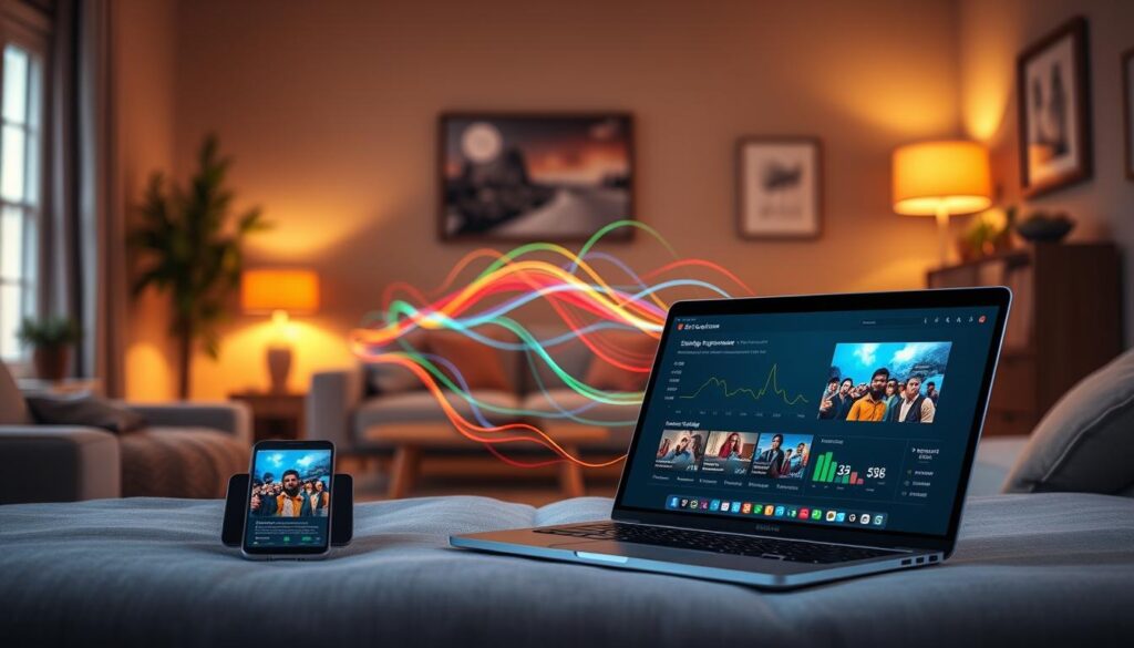 A detailed digital illustration depicting the performance and stability insights of an IPTV service in Ireland. In the foreground, a sleek, modern laptop displays an interface with graphs and stats related to streaming performance and network stability. Beside it, a smartphone shows a live IPTV streaming channel. The middle ground features an abstract representation of data flow, with colorful lines and charts visualizing metrics like buffering rates and connection stability. In the background, a cozy living room with subtle Irish decor and soft ambient lighting creates a warm atmosphere, inviting viewers into the realm of home entertainment. The scene is captured from a slight overhead angle, enhancing the sense of technology integration in everyday life. A detailed digital illustration depicting the performance and stability insights of an IPTV service in Ireland. In the foreground, a sleek, modern laptop displays an interface with graphs and stats related to streaming performance and network stability. Beside it, a smartphone shows a live IPTV streaming channel. The middle ground features an abstract representation of data flow, with colorful lines and charts visualizing metrics like buffering rates and connection stability. In the background, a cozy living room with subtle Irish decor and soft ambient lighting creates a warm atmosphere, inviting viewers into the realm of home entertainment. The scene is captured from a slight overhead angle, enhancing the sense of technology integration in everyday life.