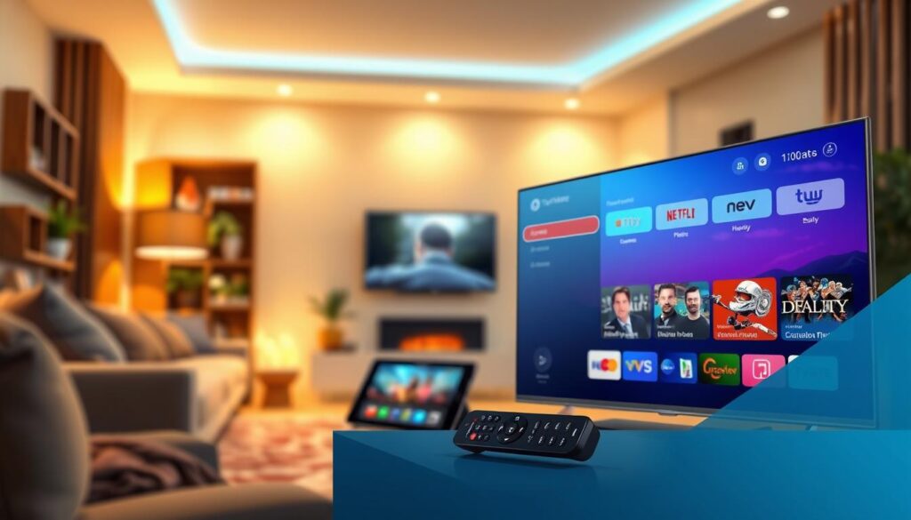 A detailed digital illustration showcasing the premium features of the TiviMate IPTV Player. In the foreground, prominently display a sleek, modern TV screen with the TiviMate interface, emphasizing user-friendly navigation and vibrant channel options. Include subtle icons representing features like multi-screen support, EPG (Electronic Program Guide), and customizable playlists. In the middle ground, incorporate a stylish remote control and a tablet or smartphone displaying the TiviMate app to signify mobile compatibility. The background should be a cozy living room setting with soft ambient lighting, evoking a welcoming atmosphere. Use a slightly elevated angle to capture the viewer's perspective, giving a sense of immersion. The overall mood is informative and inviting, ideal for highlighting the premium benefits of the IPTV service. A detailed digital illustration showcasing the premium features of the TiviMate IPTV Player. In the foreground, prominently display a sleek, modern TV screen with the TiviMate interface, emphasizing user-friendly navigation and vibrant channel options. Include subtle icons representing features like multi-screen support, EPG (Electronic Program Guide), and customizable playlists. In the middle ground, incorporate a stylish remote control and a tablet or smartphone displaying the TiviMate app to signify mobile compatibility. The background should be a cozy living room setting with soft ambient lighting, evoking a welcoming atmosphere. Use a slightly elevated angle to capture the viewer's perspective, giving a sense of immersion. The overall mood is informative and inviting, ideal for highlighting the premium benefits of the IPTV service.