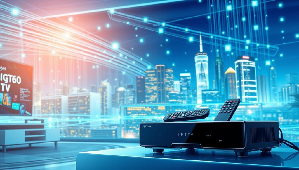 A detailed, futuristic illustration showcasing IPTV technology and infrastructure. In the foreground, a sleek, modern IPTV set-top box and remote control sit on a stylish entertainment center, with digital screens displaying streaming content. The middle space features a network of fiber optic cables, routers, and servers, symbolizing data transmission and storage. In the background, a city skyline illuminated at night represents connectivity, with glowing data signals traveling through the air. The lighting is dynamic, highlighting the elements of technology with a soft blue and green palette, creating a sense of innovation and digital sophistication. The image conveys a professional and modern atmosphere, devoid of people, focusing solely on the technology theme. A detailed, futuristic illustration showcasing IPTV technology and infrastructure. In the foreground, a sleek, modern IPTV set-top box and remote control sit on a stylish entertainment center, with digital screens displaying streaming content. The middle space features a network of fiber optic cables, routers, and servers, symbolizing data transmission and storage. In the background, a city skyline illuminated at night represents connectivity, with glowing data signals traveling through the air. The lighting is dynamic, highlighting the elements of technology with a soft blue and green palette, creating a sense of innovation and digital sophistication. The image conveys a professional and modern atmosphere, devoid of people, focusing solely on the technology theme.