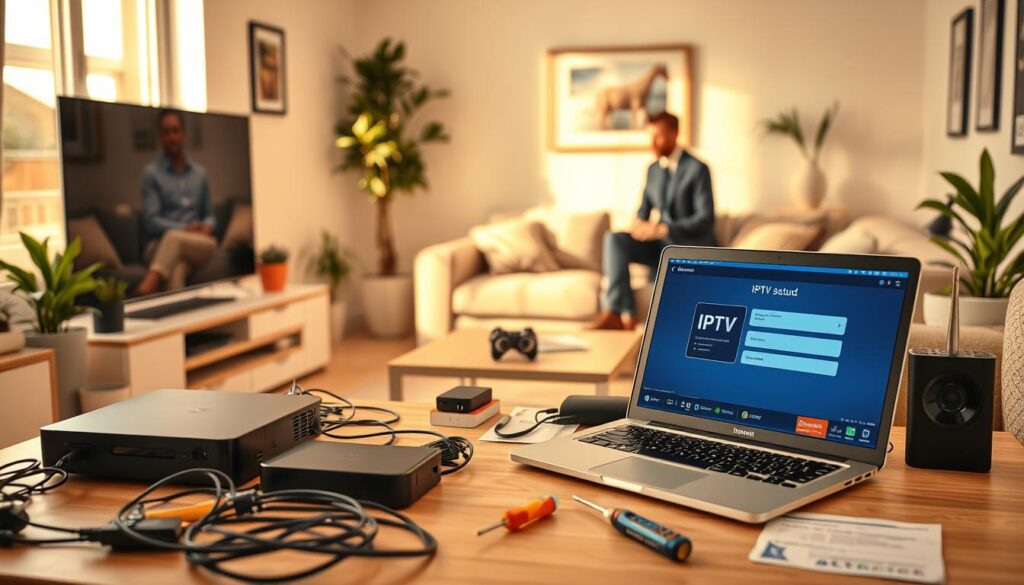A detailed step-by-step guide to setting up IPTV service in Ireland, illustrated vividly. In the foreground, a well-organized workspace featuring a modern laptop displaying IPTV setup software, along with various streaming devices like a smart TV and a set-top box. The middle layer showcases a clean desk cluttered with cables, a user manual, and tools like a screwdriver. In the background, a cozy living room setting with a comfortable sofa and decorative elements, like plants and wall art, creating a relaxed atmosphere. The lighting is warm and inviting, simulating natural sunlight coming through a window. The image captures a professional yet approachable mood, emphasizing the simplicity of the setup process. No text, people depicted in casual business attire, focused on the task at hand.
