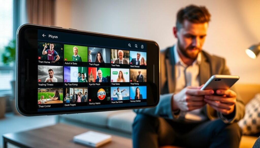 A detailed view of the IPTV Smarters Pro user interface specifically designed for streaming Irish TV channels. In the foreground, a sleek smartphone displays the colorful and user-friendly interface, showcasing vibrant thumbnails of popular Irish shows, sports events, and news broadcasts. The middle ground features a cozy living room setting, with a coffee table and a comfortable couch, enhancing the home entertainment atmosphere. The background includes soft, warm lighting that creates an inviting mood, adding to the relaxation of streaming at home. A well-dressed individual, casually but professionally attired, is seen interacting with the device, highlighting an engaging app experience. The image captures a contemporary, tech-savvy vibe, yet remains grounded in the joy of watching Irish television. A detailed view of the IPTV Smarters Pro user interface specifically designed for streaming Irish TV channels. In the foreground, a sleek smartphone displays the colorful and user-friendly interface, showcasing vibrant thumbnails of popular Irish shows, sports events, and news broadcasts. The middle ground features a cozy living room setting, with a coffee table and a comfortable couch, enhancing the home entertainment atmosphere. The background includes soft, warm lighting that creates an inviting mood, adding to the relaxation of streaming at home. A well-dressed individual, casually but professionally attired, is seen interacting with the device, highlighting an engaging app experience. The image captures a contemporary, tech-savvy vibe, yet remains grounded in the joy of watching Irish television.