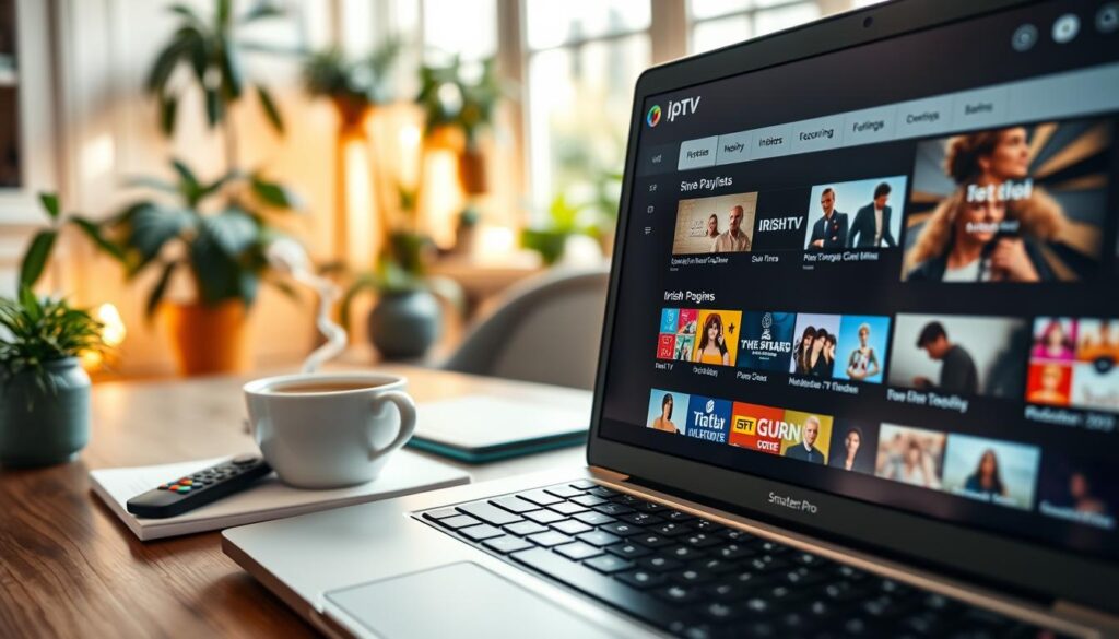 A detailed workspace scene featuring a laptop display showing the IPTV Smarters Pro interface, configured for Irish TV streaming. The foreground includes a close-up of the laptop keyboard and screen, showcasing vibrant playlists with Irish channels and programs. In the middle ground, an organized desk with a notepad, remote control, and a steaming cup of tea reflects a cozy atmosphere. In the background, a softly lit room filled with houseplants and warm light adds a welcoming vibe. The image should have natural lighting to create a relaxed and inviting ambiance, focusing on clarity and detail. Use a shallow depth of field to emphasize the laptop while gently blurring the background. The mood should evoke comfort and focus on enjoying Irish television at home. A detailed workspace scene featuring a laptop display showing the IPTV Smarters Pro interface, configured for Irish TV streaming. The foreground includes a close-up of the laptop keyboard and screen, showcasing vibrant playlists with Irish channels and programs. In the middle ground, an organized desk with a notepad, remote control, and a steaming cup of tea reflects a cozy atmosphere. In the background, a softly lit room filled with houseplants and warm light adds a welcoming vibe. The image should have natural lighting to create a relaxed and inviting ambiance, focusing on clarity and detail. Use a shallow depth of field to emphasize the laptop while gently blurring the background. The mood should evoke comfort and focus on enjoying Irish television at home.