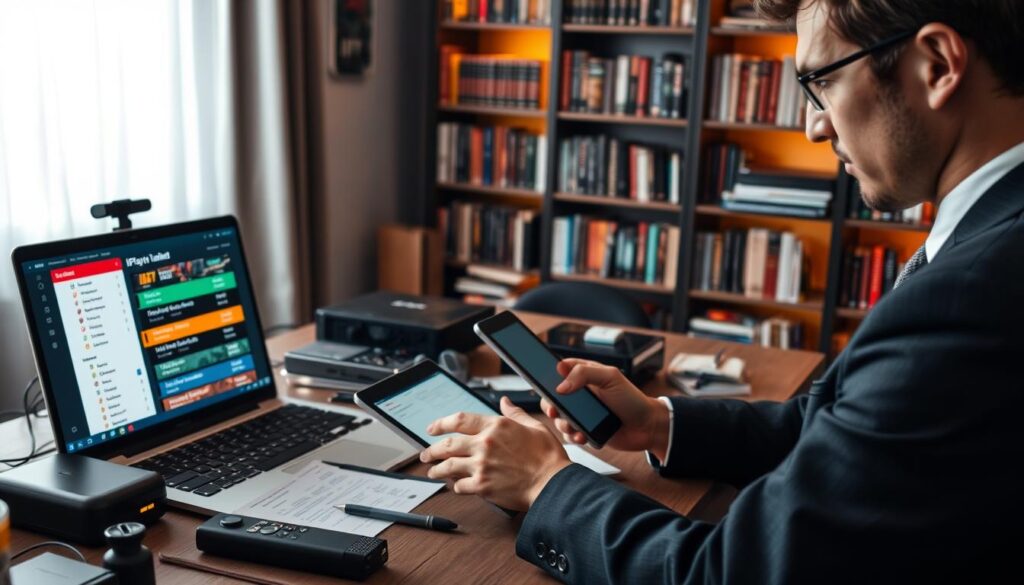 A detailed workspace setup focused on verifying the reliability and safety of an IPTV playlist, featuring a sleek laptop displaying a colorful IPTV playlist interface on its screen, with a checklist beside it. In the foreground, a professional individual—dressed in smart business attire—carefully analyzes the playlist data using a tablet, showcasing a look of concentration. The middle of the image features a desk cluttered with technical gadgets, streaming devices, and notes scattered about, suggesting thorough research. In the background, soft ambient lighting illuminates bookshelves filled with technology and media reference books, creating a warm, inviting atmosphere. The scene captures a mood of diligence and focus, emphasizing the importance of safety in streaming content in Ireland. A detailed workspace setup focused on verifying the reliability and safety of an IPTV playlist, featuring a sleek laptop displaying a colorful IPTV playlist interface on its screen, with a checklist beside it. In the foreground, a professional individual—dressed in smart business attire—carefully analyzes the playlist data using a tablet, showcasing a look of concentration. The middle of the image features a desk cluttered with technical gadgets, streaming devices, and notes scattered about, suggesting thorough research. In the background, soft ambient lighting illuminates bookshelves filled with technology and media reference books, creating a warm, inviting atmosphere. The scene captures a mood of diligence and focus, emphasizing the importance of safety in streaming content in Ireland.