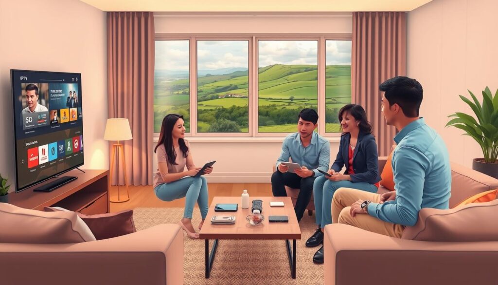 A digital illustration depicting IPTV services in Ireland. In the foreground, a modern living room setup featuring a smart TV displaying a streaming interface with various channels. Cozy furniture and a tasteful decor create an inviting atmosphere. In the middle ground, a group of three diverse individuals, dressed in casual yet professional attire, engaged in a discussion about IPTV subscriptions. They sit around a coffee table filled with devices like tablets and smartphones. In the background, a scenic view of the Irish countryside can be seen through a window, adding a local touch. Soft, warm lighting creates a welcoming mood, highlighting the focus on technology and community. The angle showcases both the conversation and the visual links to Irish culture. A digital illustration depicting IPTV services in Ireland. In the foreground, a modern living room setup featuring a smart TV displaying a streaming interface with various channels. Cozy furniture and a tasteful decor create an inviting atmosphere. In the middle ground, a group of three diverse individuals, dressed in casual yet professional attire, engaged in a discussion about IPTV subscriptions. They sit around a coffee table filled with devices like tablets and smartphones. In the background, a scenic view of the Irish countryside can be seen through a window, adding a local touch. Soft, warm lighting creates a welcoming mood, highlighting the focus on technology and community. The angle showcases both the conversation and the visual links to Irish culture.