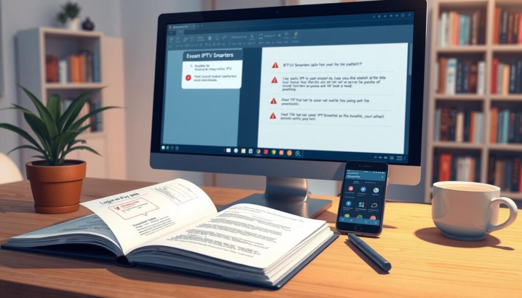 A digital illustration depicting a troubleshooting guide for IPTV Smarters login and playlist errors. In the foreground, a sleek desktop computer screen displays a user interface of the IPTV Smarters app with visible error messages. To the left, an open notebook with notes and diagrams detailing fixes, alongside a pen and a smartphone showing the application. In the middle, a calming workspace setting with a potted plant and a cup of coffee, enhancing focus. In the background, a softly lit room with a blurred bookshelf filled with tech books. The atmosphere is structured and professional, inviting problem-solving. Soft lighting highlights the devices and documents, creating a warm yet efficient environment, captured from a slightly elevated angle to emphasize the desktop setup. A digital illustration depicting a troubleshooting guide for IPTV Smarters login and playlist errors. In the foreground, a sleek desktop computer screen displays a user interface of the IPTV Smarters app with visible error messages. To the left, an open notebook with notes and diagrams detailing fixes, alongside a pen and a smartphone showing the application. In the middle, a calming workspace setting with a potted plant and a cup of coffee, enhancing focus. In the background, a softly lit room with a blurred bookshelf filled with tech books. The atmosphere is structured and professional, inviting problem-solving. Soft lighting highlights the devices and documents, creating a warm yet efficient environment, captured from a slightly elevated angle to emphasize the desktop setup.