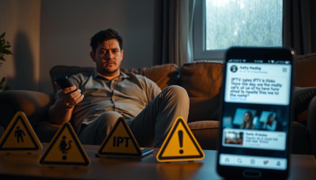 A dimly lit living room depicting a person sitting on a couch, looking worried while holding a remote control in one hand and a laptop with an IPTV service open on the screen in the background. The foreground should show caution signs and warning symbols subtly integrated into decorative elements, like a coffee table. In the middle ground, a blurry image of a smartphone displaying social media posts about IPTV risks can be seen. The background features a window with rain streaks, adding to the moody atmosphere. Use soft, muted lighting to evoke a sense of concern and trepidation, and choose an angle that emphasizes the individual's anxious expression, focusing on the tension in the scene. A dimly lit living room depicting a person sitting on a couch, looking worried while holding a remote control in one hand and a laptop with an IPTV service open on the screen in the background. The foreground should show caution signs and warning symbols subtly integrated into decorative elements, like a coffee table. In the middle ground, a blurry image of a smartphone displaying social media posts about IPTV risks can be seen. The background features a window with rain streaks, adding to the moody atmosphere. Use soft, muted lighting to evoke a sense of concern and trepidation, and choose an angle that emphasizes the individual's anxious expression, focusing on the tension in the scene.