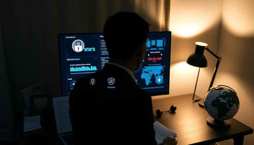 A dimly lit modern home office setting showcasing a sleek computer setup with a large monitor displaying data analytics and encryption symbols prominently. In the foreground, a person in professional business attire, deeply focused on the screen, is surrounded by documents outlining privacy policies and security protocols. The middle ground features digital elements like padlocks and digital shields, symbolizing protection, alongside a globe representing global IPTV services. In the background, soft ambient light from a stylish lamp enhances the tranquil yet serious atmosphere, conveying a sense of security and professionalism. The overall mood is one of vigilance and trust, underscoring the importance of privacy and security in IPTV services.