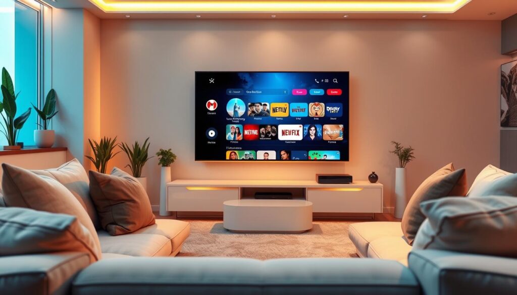 A futuristic living room setting showcasing a sleek IPTV app interface displayed on a modern television screen. In the foreground, a comfortable sofa with stylish cushions, creating an inviting atmosphere. In the middle, the TV screen vividly illustrates the IPTV app, featuring a user-friendly menu with diverse on-demand viewing options, surrounded by soft ambient lighting emphasizing the screen's brightness. The background includes minimalist decor with potted plants, subtly contrasting cozy warm tones and cooler tech-inspired elements. The scene is well-lit with a warm, inviting glow, suggesting relaxation and convenience. The angle is slightly elevated, capturing both the living space and the engaging app interface, evoking a modern lifestyle focused on enhanced viewing experiences.