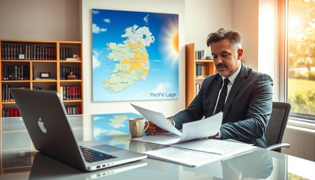 A legal expert in a professional business suit sits at a modern desk, reviewing documents about IPTV regulations in Ireland. The foreground features a laptop with legal papers and a coffee cup. In the middle ground, a vibrant map of Ireland is displayed on the wall, highlighting key areas related to technology and law. The background includes shelves filled with law books and a large window showing a sunny day outside to reflect a hopeful atmosphere. Soft, natural lighting pours in from the window, creating a warm and inviting ambiance. The mood suggests professionalism, knowledge, and clarity regarding the legalities of IPTV in Ireland. A legal expert in a professional business suit sits at a modern desk, reviewing documents about IPTV regulations in Ireland. The foreground features a laptop with legal papers and a coffee cup. In the middle ground, a vibrant map of Ireland is displayed on the wall, highlighting key areas related to technology and law. The background includes shelves filled with law books and a large window showing a sunny day outside to reflect a hopeful atmosphere. Soft, natural lighting pours in from the window, creating a warm and inviting ambiance. The mood suggests professionalism, knowledge, and clarity regarding the legalities of IPTV in Ireland.