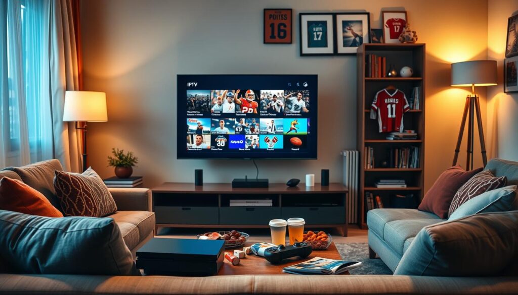 A lively living room scene featuring a modern flat-screen television displaying various live sports channels. In the foreground, a comfortable couch with colorful pillows is arranged invitingly. On the coffee table, snacks and drinks are scattered, enhancing the casual atmosphere. In the middle ground, a sleek gaming console and remote control are visible, showing a sense of engagement with the IPTV subscription. The background includes a bookshelf filled with sports memorabilia and framed jerseys, emphasizing a passion for sports. The lighting is warm and inviting, coming from a stylish lamp in the corner, casting soft shadows across the room. This cozy depiction captures the excitement and social aspect of watching live sports at home, embodying the essence of IPTV subscriptions.