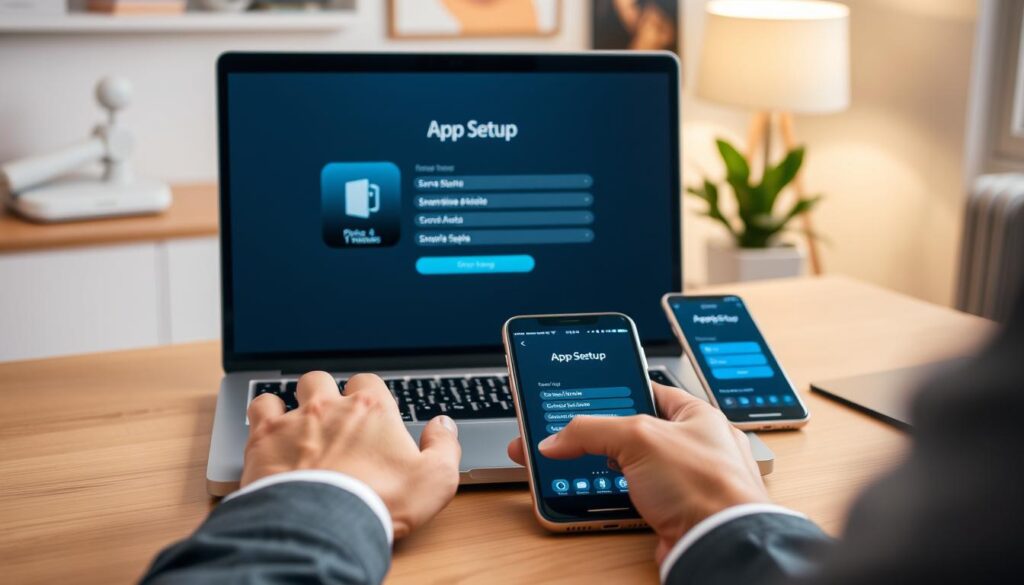 A modern, clean workspace featuring a sleek laptop displaying the IPTV Smarters Pro app setup interface. In the foreground, a pair of hands, dressed in professional business attire, interacts with the laptop's touchpad. The middle ground includes a smartphone placed next to the laptop, also showing the app interface. The background displays a softly lit room, with subtle décor and a potted plant to create a warm, inviting atmosphere. The lighting is bright but soft to avoid glare on the screens, with a shallow depth of field focusing on the devices. The overall mood is productive and focused, inviting viewers to imagine a seamless streaming setup experience. A modern, clean workspace featuring a sleek laptop displaying the IPTV Smarters Pro app setup interface. In the foreground, a pair of hands, dressed in professional business attire, interacts with the laptop's touchpad. The middle ground includes a smartphone placed next to the laptop, also showing the app interface. The background displays a softly lit room, with subtle décor and a potted plant to create a warm, inviting atmosphere. The lighting is bright but soft to avoid glare on the screens, with a shallow depth of field focusing on the devices. The overall mood is productive and focused, inviting viewers to imagine a seamless streaming setup experience.