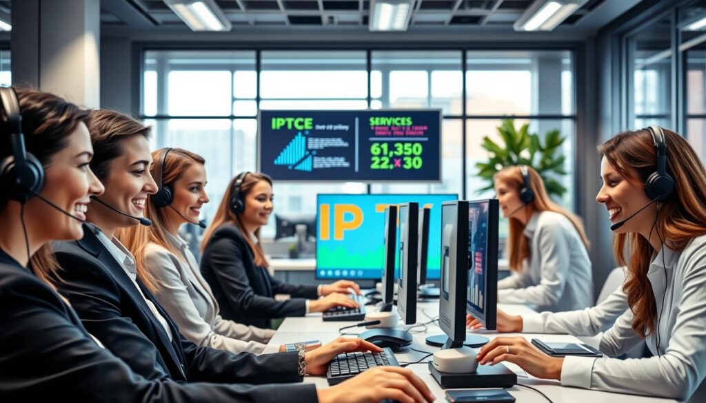 A modern customer support center with friendly representatives in professional business attire, engaged in assisting clients. In the foreground, a diverse group of service agents, focused and smiling, are using headsets and computers to provide support. In the middle, a sleek, organized workspace with call center technology, colorful branding elements symbolizing reliability, and a digital display showing service metrics. In the background, large windows allow natural light to flood the space, giving a warm and inviting atmosphere. The lighting is soft yet bright, emphasizing professionalism and approachability. The overall mood is uplifting and supportive, showcasing the importance of customer support and service reliability in the IPTV industry.