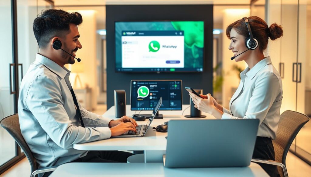 A modern customer support scene illustrating dedicated service for IPTV viewers. Foreground: two professional support agents in business attire, one man and one woman, engaged in a conversation via a laptop and smartphone, showing friendly expressions. Middle: a sleek desk setup with a headset, various IPTV-related devices, and a WhatsApp interface displayed on the laptop screen. Background: a cozy and well-lit call center environment, featuring soft, warm lighting and glass partitions, promoting a welcoming atmosphere. The overall mood is approachable and helpful, emphasizing technology and attentive customer care, shot from a slightly elevated angle to capture the interaction effectively. A modern customer support scene illustrating dedicated service for IPTV viewers. Foreground: two professional support agents in business attire, one man and one woman, engaged in a conversation via a laptop and smartphone, showing friendly expressions. Middle: a sleek desk setup with a headset, various IPTV-related devices, and a WhatsApp interface displayed on the laptop screen. Background: a cozy and well-lit call center environment, featuring soft, warm lighting and glass partitions, promoting a welcoming atmosphere. The overall mood is approachable and helpful, emphasizing technology and attentive customer care, shot from a slightly elevated angle to capture the interaction effectively.