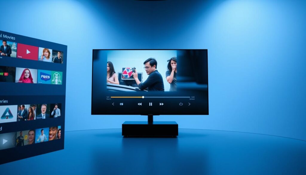 A modern digital interface showcasing IPTV Smart Player's user experience in Ireland. The foreground features a sleek, intuitive navigation menu with vibrant icons representing different categories like movies, series, and sports. In the middle ground, a crystal-clear playback screen displays a popular show, surrounded by dynamic playback options such as play, pause, fast forward, and rewind buttons, all designed with user-friendly aesthetics. The background is a soft gradient of blue and white, creating a tech-savvy ambiance. The lighting is bright yet gentle, emphasizing clarity and ease of use, shot at an eye-level angle to convey accessibility. The overall mood is modern, streamlined, and inviting, reflecting a seamless streaming experience. A modern digital interface showcasing IPTV Smart Player's user experience in Ireland. The foreground features a sleek, intuitive navigation menu with vibrant icons representing different categories like movies, series, and sports. In the middle ground, a crystal-clear playback screen displays a popular show, surrounded by dynamic playback options such as play, pause, fast forward, and rewind buttons, all designed with user-friendly aesthetics. The background is a soft gradient of blue and white, creating a tech-savvy ambiance. The lighting is bright yet gentle, emphasizing clarity and ease of use, shot at an eye-level angle to convey accessibility. The overall mood is modern, streamlined, and inviting, reflecting a seamless streaming experience.