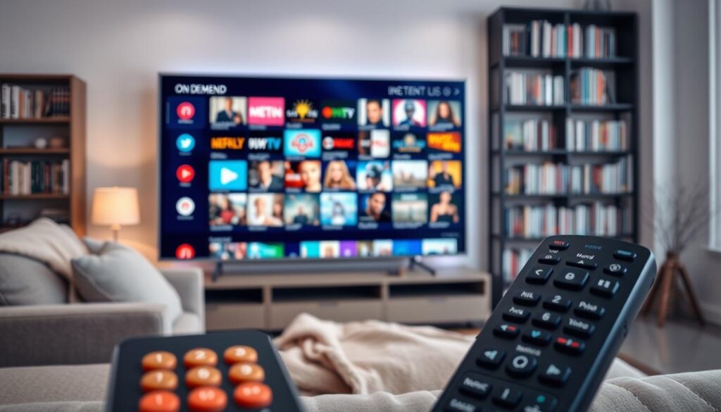 A modern, extensive IPTV content library interface displayed on a large, sleek flat-screen television in a stylish living room. In the foreground, a close-up of a remote control with vibrant buttons represents user-friendly navigation. The middle ground features the TV showcasing a beautifully organized grid of channel icons and on-demand movie thumbnails, all in high resolution. The background includes a cozy couch with a soft throw blanket and a bookshelf filled with DVDs and books, giving a warm and inviting atmosphere. Soft, ambient lighting creates a relaxing mood, emphasizing the allure of binge-watching. The scene is captured from a slightly elevated angle to showcase the TV and room layout harmoniously. A modern, extensive IPTV content library interface displayed on a large, sleek flat-screen television in a stylish living room. In the foreground, a close-up of a remote control with vibrant buttons represents user-friendly navigation. The middle ground features the TV showcasing a beautifully organized grid of channel icons and on-demand movie thumbnails, all in high resolution. The background includes a cozy couch with a soft throw blanket and a bookshelf filled with DVDs and books, giving a warm and inviting atmosphere. Soft, ambient lighting creates a relaxing mood, emphasizing the allure of binge-watching. The scene is captured from a slightly elevated angle to showcase the TV and room layout harmoniously.