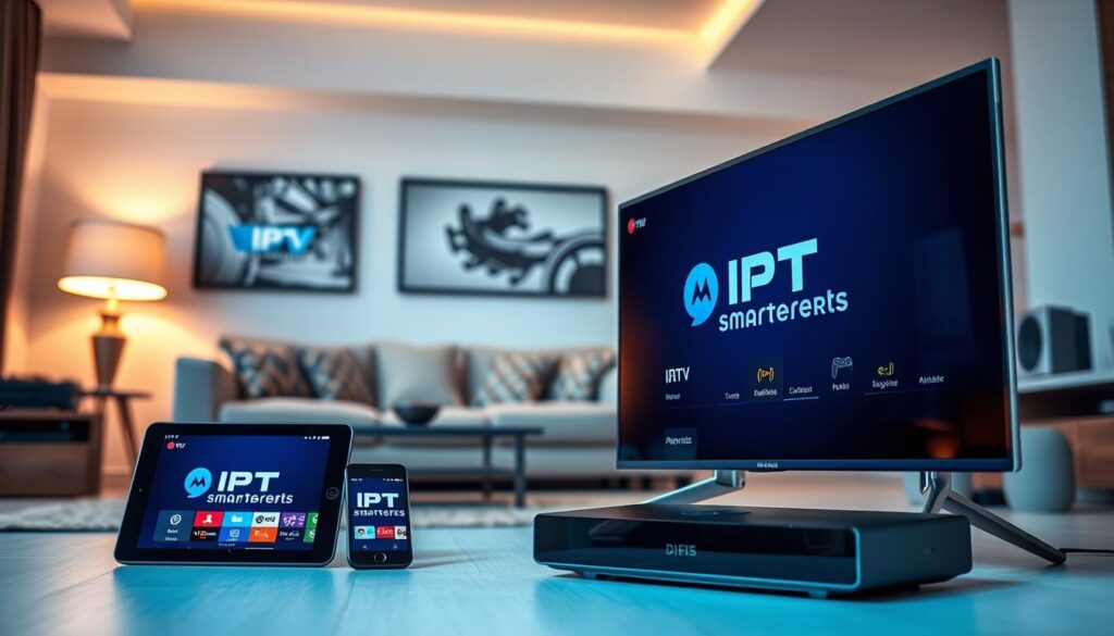 A modern, high-tech living room featuring various devices displaying the IPTV Smarters app on their screens. In the foreground, a stylish smart TV is prominently showcased, with a sleek streaming device beneath it. To the left, a tablet and a smartphone also feature the IPTV Smarters interface, emphasizing device compatibility. In the middle ground, a cozy couch sits invitingly, with a warm lamp illuminating the scene. The background depicts a well-decorated room with subtle hints of technology, like a gaming console and a smart speaker. The lighting is bright and inviting, creating a friendly atmosphere that showcases advanced technology in a comfortable setting. The angle captures the essence of modern living, making technology approachable and integrated into everyday life. A modern, high-tech living room featuring various devices displaying the IPTV Smarters app on their screens. In the foreground, a stylish smart TV is prominently showcased, with a sleek streaming device beneath it. To the left, a tablet and a smartphone also feature the IPTV Smarters interface, emphasizing device compatibility. In the middle ground, a cozy couch sits invitingly, with a warm lamp illuminating the scene. The background depicts a well-decorated room with subtle hints of technology, like a gaming console and a smart speaker. The lighting is bright and inviting, creating a friendly atmosphere that showcases advanced technology in a comfortable setting. The angle captures the essence of modern living, making technology approachable and integrated into everyday life.