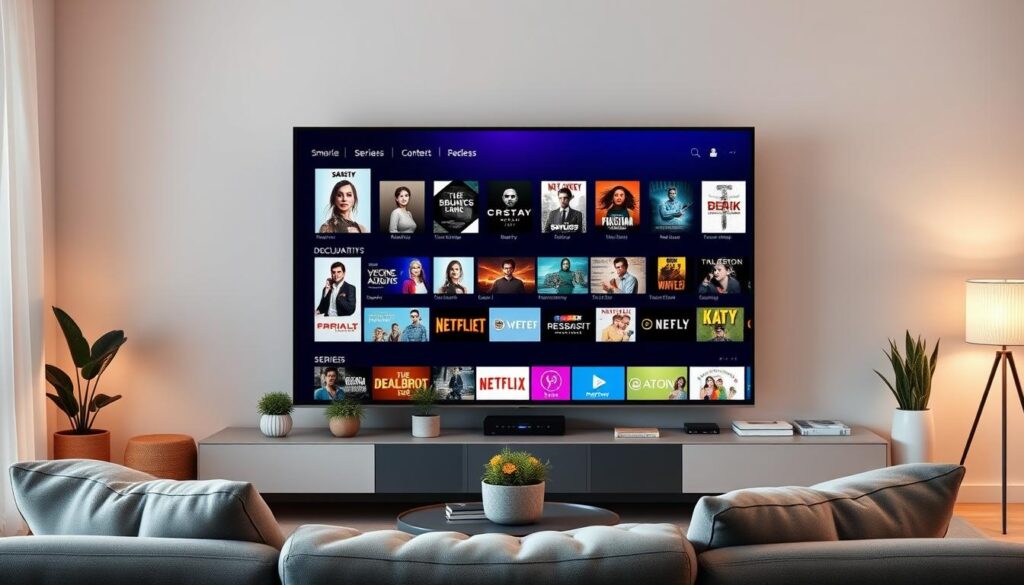 A modern home entertainment setup showcasing a Smart IPTV content library on a sleek, flat-screen TV. In the foreground, display a stylish living room with a cozy sofa and a small coffee table. On the TV screen, vividly depict various streaming options, such as movies, series, and documentaries, organized in an attractive grid layout. In the middle ground, place decorative elements like potted plants and bookshelves to enhance the homey atmosphere. In the background, a soft ambient light fills the room, creating a warm and inviting mood. Use a slightly elevated angle to capture the entire scene, emphasizing the connection between technology and comfortable living, while ensuring the overall composition is clean and professional. A modern home entertainment setup showcasing a Smart IPTV content library on a sleek, flat-screen TV. In the foreground, display a stylish living room with a cozy sofa and a small coffee table. On the TV screen, vividly depict various streaming options, such as movies, series, and documentaries, organized in an attractive grid layout. In the middle ground, place decorative elements like potted plants and bookshelves to enhance the homey atmosphere. In the background, a soft ambient light fills the room, creating a warm and inviting mood. Use a slightly elevated angle to capture the entire scene, emphasizing the connection between technology and comfortable living, while ensuring the overall composition is clean and professional.