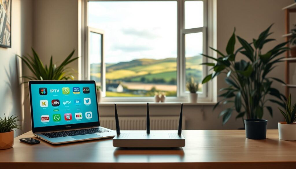 A modern home office setup illustrating the concept of using a VPN for IPTV streaming in Ireland. In the foreground, a sleek computer desk features a laptop displaying a high-quality streaming interface, surrounded by various IPTV logos. A stylish, minimalistic router emits visible signals, symbolizing strong connectivity. The middle ground showcases a serene view of a traditional Irish landscape through a window, with lush green hills and a clear sky. Soft, ambient lighting bathes the scene, creating a comfortable and inviting atmosphere. The room should reflect a professional environment, with plant accents and cozy decor, emphasizing the blend of technology and relaxation in streaming IPTV securely. The image should be vibrant and welcoming, conveying a sense of safety and reliability in streaming. A modern home office setup illustrating the concept of using a VPN for IPTV streaming in Ireland. In the foreground, a sleek computer desk features a laptop displaying a high-quality streaming interface, surrounded by various IPTV logos. A stylish, minimalistic router emits visible signals, symbolizing strong connectivity. The middle ground showcases a serene view of a traditional Irish landscape through a window, with lush green hills and a clear sky. Soft, ambient lighting bathes the scene, creating a comfortable and inviting atmosphere. The room should reflect a professional environment, with plant accents and cozy decor, emphasizing the blend of technology and relaxation in streaming IPTV securely. The image should be vibrant and welcoming, conveying a sense of safety and reliability in streaming.