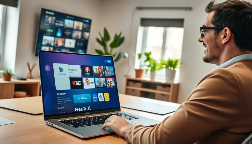 A modern home office setup, showcasing a sleek laptop on a stylish desk displaying a vibrant IPTV interface with a clear "Free Trial" option highlighted. In the foreground, a cheerful Irish viewer, dressed in smart casual attire, is engaged with the laptop, looking pleased and intrigued. The background features a cozy room with soft lighting, bright green plants visible through a window, and a wall-mounted screen showing various channels available through IPTV. The atmosphere is inviting and tech-savvy, with warm tones and a friendly vibe, symbolizing accessibility and ease of use. The image should be well-composed, with a focus on the viewer's expression and the enticing interface displayed on the laptop screen. A modern home office setup, showcasing a sleek laptop on a stylish desk displaying a vibrant IPTV interface with a clear "Free Trial" option highlighted. In the foreground, a cheerful Irish viewer, dressed in smart casual attire, is engaged with the laptop, looking pleased and intrigued. The background features a cozy room with soft lighting, bright green plants visible through a window, and a wall-mounted screen showing various channels available through IPTV. The atmosphere is inviting and tech-savvy, with warm tones and a friendly vibe, symbolizing accessibility and ease of use. The image should be well-composed, with a focus on the viewer's expression and the enticing interface displayed on the laptop screen.