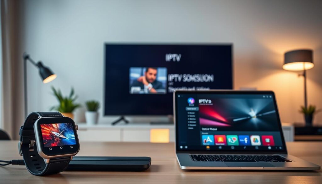 A modern home office setup showcasing seamless installation and compatibility for IPTV across various devices. In the foreground, a sleek smartwatch displaying IPTV content, an elegant tablet streaming a vibrant show, and a smart TV in the background showcasing a user-friendly interface. The middle layer features a laptop with an IPTV software installation screen, emphasizing ease of use. Soft, ambient lighting creates a warm, inviting atmosphere, while a wide-angle perspective captures the entire setup harmoniously. The background includes minimalistic decor to highlight technology, reinforcing a sense of modernity and professionalism. The overall mood conveys convenience and accessibility in streaming, ideal for a tech-savvy audience.