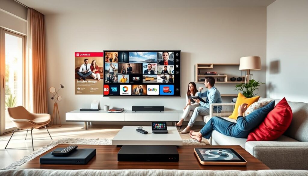 A modern living room featuring a sleek, flat-screen television displaying the IPTV Smarters Player interface. In the foreground, a stylish coffee table holds a remote control and smart device, while a comfortable couch is adorned with colorful throw pillows. The middle ground showcases a family or a group of friends, dressed in casual, professional attire, engaged in watching diverse streaming content on the TV, illustrating multi-device compatibility. The background reveals a well-lit room with contemporary decor, soft natural light filtering through large windows, creating an inviting atmosphere. The image captures the essence of cross-platform support, showcasing multiple devices like tablets and smartphones placed around the room, emphasizing seamless user experience in Irish streaming.